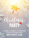 Christmas party poster invitation decoration design gift box and light. Xmas holiday template background with snowflakes Royalty Free Stock Photo