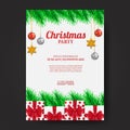 Christmas party poster invitation with fir garland decoration and golden bell and bauble decoration accessories