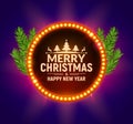 Christmas Party poster with retro light frame sign. Neon retro party xmas banner template Royalty Free Stock Photo