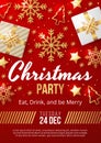 Christmas Party poster template with christmas elements on red background. Royalty Free Stock Photo