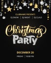 Christmas party poster template, gold and silver on black. Glitter border, garland with hanging balls and ribbons.