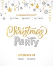 Christmas party poster template, gold and silver on white. Hand written lettering. Isolated golden glitter border Royalty Free Stock Photo