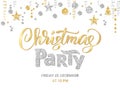 Christmas party poster template, gold and silver on white. Hand written lettering. Isolated golden glitter border Royalty Free Stock Photo