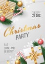 Christmas party poster template with realistic christmas elements.