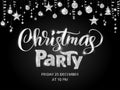 Christmas party poster template, silver on black. Glitter border, garland with hanging balls and ribbons. Royalty Free Stock Photo