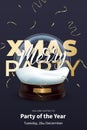 Christmas party poster template. Winter Holiday design with realistic snow globe and gold confetti Royalty Free Stock Photo