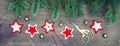 Christmas party preparation background with sewing star figures from red anf white felt, needle with thread, scissors, golden bell Royalty Free Stock Photo