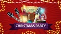 Christmas party, red horizontal poster with guitars, microphone, gift, antique lamp, Christmas tree branch, cone, Christmas ball