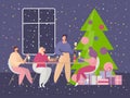 Christmas party vector illustration, cartoon happy flat friends people sitting at table for festive dinner on Christmas Royalty Free Stock Photo