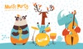 Christmas party vector poster with funny musicians panda, deer and rhino.