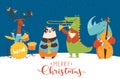 Christmas party vector poster with funny musicians playing in night.