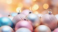 Christmas pastel baubles closeup. Abstract holiday decor background