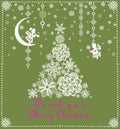 Christmas pastel green greeting craft card with white paper cutting tree with snowflakes and little hanging angels