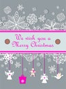 Christmas pastel greeting card with seasonal greetings with paper cutting hanging little white angels, gingerbread, dove and snowf Royalty Free Stock Photo