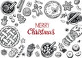 Christmas pastries and confectionery top view frame. Hand drawn vector graphic illustration. Wintertime food and drinks.