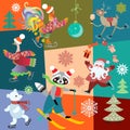 Christmas patchwork pattern with cheerful fairy animals and Santa Claus juggling with gifts. Royalty Free Stock Photo