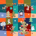 Christmas patchwork pattern with cute cartoon characters in vector