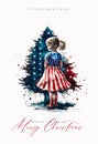 Christmas patriotic card with little girl and USA flag. Merry Christmas lettering and flag of USA watercolor style Royalty Free Stock Photo