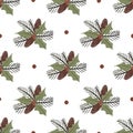 Seamless pattern with cartoon twig, berry, fir cone, mistletoe, decoration elements. Forest, flat Scandinavian style. Royalty Free Stock Photo