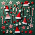 christmas pattern background. Christmas candy canes, red stars and paper santa caps Royalty Free Stock Photo