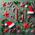 christmas pattern background. Christmas candy canes, red stars and paper santa caps Royalty Free Stock Photo