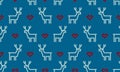 Christmas pattern background of seamless deer reindeer and red heart. Vector white deer pattern on blue background for winter holi