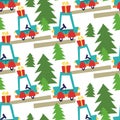 Christmas pattern with blue car and Christmas gift. The road through the forest. Geometric typewriter on a white. It can