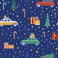 Christmas Pattern with Cars Carrying Cristmas Tree