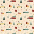 Christmas Pattern with Cars Carrying Cristmas Tree
