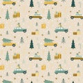 Christmas Pattern with Cars Carrying Cristmas Tree