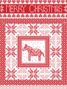 Christmas pattern in cross stitch with Swedish Dala horse, snowflakes and decorative ornaments in red, white