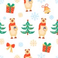 Christmas pattern with a cute bear holding a gift. Bright festive background. Vector illustration.
