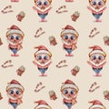 Christmas pattern. The darling, playful santa claus with a gift on a white background a with Caramel stick and a cup of