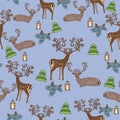 Christmas pattern with deer, fir trees, pine branches and a lantern. Blue background. Cute funny style for postcards, wallpaper, g Royalty Free Stock Photo