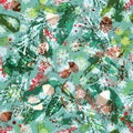 Christmas pattern with frosty pine cones, spruce branches, holly and snowflakes. Holiday season abstract nature design for Royalty Free Stock Photo