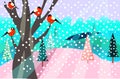 christmas pattern happy holidays winter landscape with firs, tree and birds bullfinch.