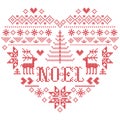 `Christmas pattern in heart shape with Noel word inspired by Nordic culture festive winter in cross stitch with hearts