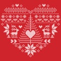 Christmas pattern in heart shape with reindeer, Christmas tree on red background Royalty Free Stock Photo