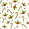 Christmas pattern with holly berries, candy canes, snow balls on white background. Winter design. Vector illustration Royalty Free Stock Photo