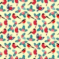 Christmas pattern with leaves berries holly and birds bullfinch.