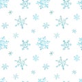 Christmas pattern of light blue falling snowflakes. Winter background. Watercolor Christmas illustration.