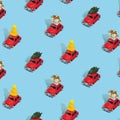 Christmas pattern made with New Year red cars with gifts, pine trees and hats on light blue background. Minimal