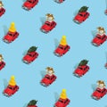 Christmas pattern made with New Year red cars with gifts, pine trees and hats on light blue background. Minimal