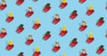 Christmas pattern made with New Year red cars with gifts, pine trees and hats on light blue background. Minimal