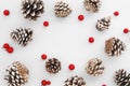 Christmas pattern made of pine cones and red berries on white background.