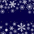 Christmas pattern made of white snowflakes and golden dots, vector winter seamless dark blue background