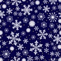 Christmas pattern made of white snowflakes and golden dots, vector winter seamless dark blue background with snow, Royalty Free Stock Photo