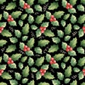 Christmas pattern with mistletoe. Watercolor drawing. Gifts, holiday packaging. Watercolor seamless pattern on a black