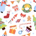 christmas pattern. new year xmas cartoon jingle party decorations, gingerbread man cookie, candie gift prize boxes