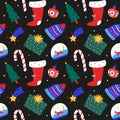 Christmas pattern, santa stocking, christmas gifts, candy canes, hand drawn doodle illustrations, wrapping paper design